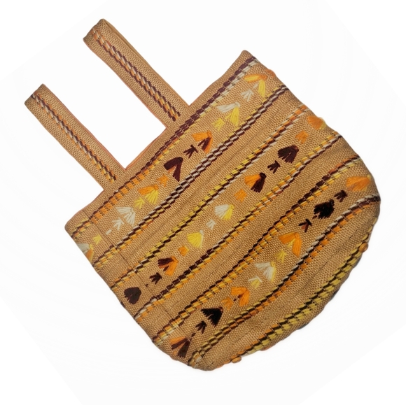 Vintage Handbags - VINTAGE Handmade Boho Embroidered Burlap Tote